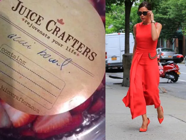 Acai bowl label from Juice Crafters. Woman in red dress and heels walking on city sidewalk.
