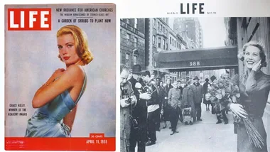 Grace Kelly graces the April 11, 1955, LIFE cover in a blue gown; another photo shows her smiling with a bouquet in a city.