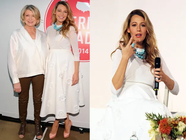 Two women posing together; one in a blouse and pants, the other in a white dress. The same woman giving a talk with a mic.