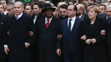 World leaders linked arm-in-arm during a unity march in Paris following the Charlie Hebdo attack.