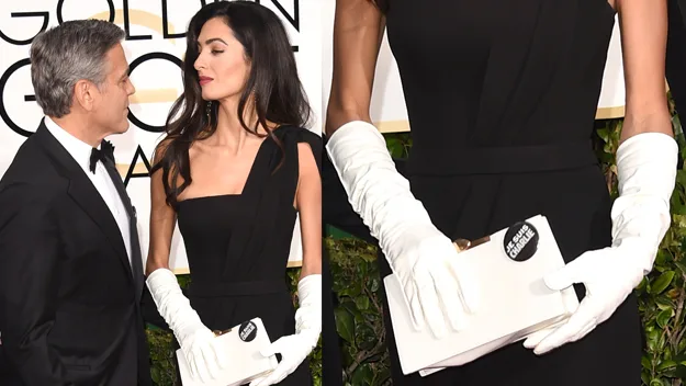 Amal Clooney with Je Suis Charlie handbag