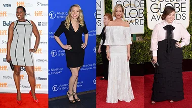 Four women at different events; wearing various elegant red carpet outfits.