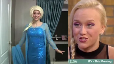 British woman dressed as Elsa from "Frozen" smiles in a sparkling blue gown beside her close-up on TV interview.
