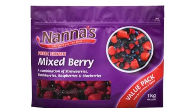 Nanna's Mixed Berry 1kg package, purple bag with strawberries, blackberries, raspberries, and blueberries image.
