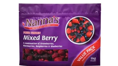 Nanna's Mixed Berry 1kg package, purple bag with strawberries, blackberries, raspberries, and blueberries image.