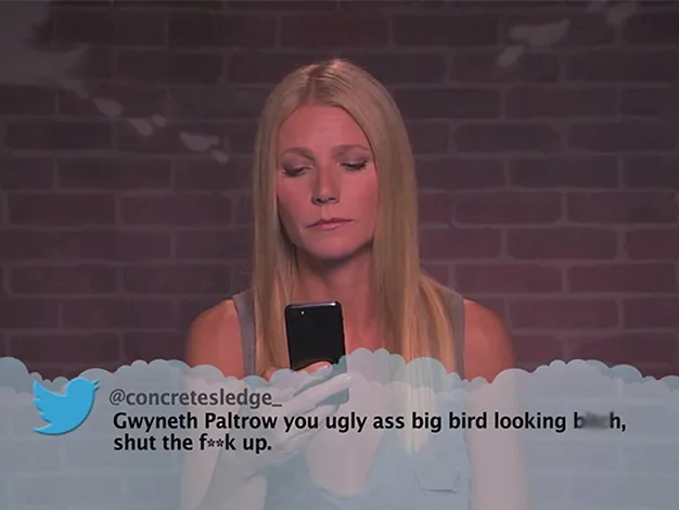 Gwyneth Paltrow reads a mean tweet about herself on a talk show segment.