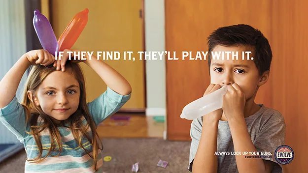 Two children play with condoms, one on head and one inflated, with text "If they find it, they’ll play with it."