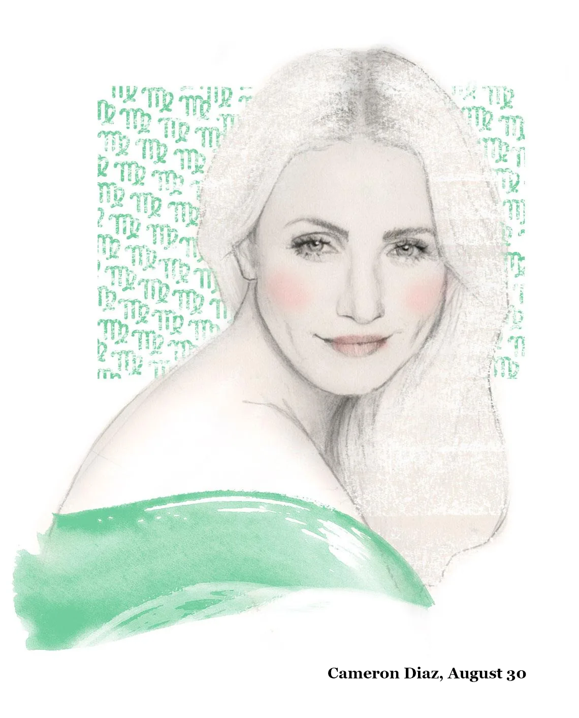 A sketch of a woman with long hair, a soft smile, and Virgo symbols in the background; captioned "Cameron Diaz, August 30".