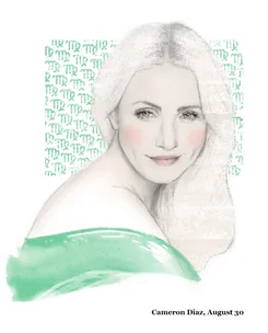 A sketch of a woman with long hair, a soft smile, and Virgo symbols in the background; captioned "Cameron Diaz, August 30".