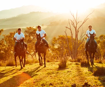 Three people on horseback in a sunny Australian landscape, wearing white shirts and jeans, riding through grassy terrain.