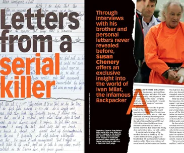 Cover image of "Letters from a Serial Killer" about Ivan Milat, featuring text and photo of a man in an orange jumpsuit.