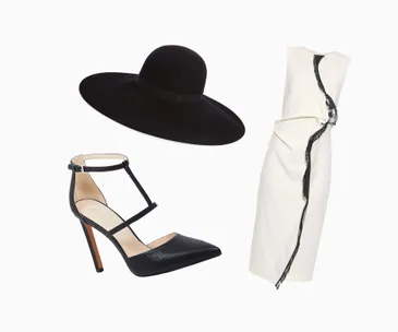 Black wide-brim hat, white sleeveless dress with black detailing, and black high-heeled shoe.