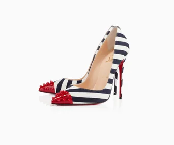 Striped high heels with red spiked tips, featuring a blue and white pattern, ideal for bold officewear.