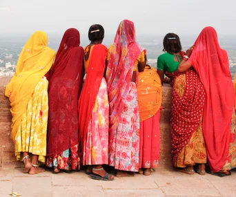 Women in colorful sarees standing side by side, facing away, looking out over a distant landscape.