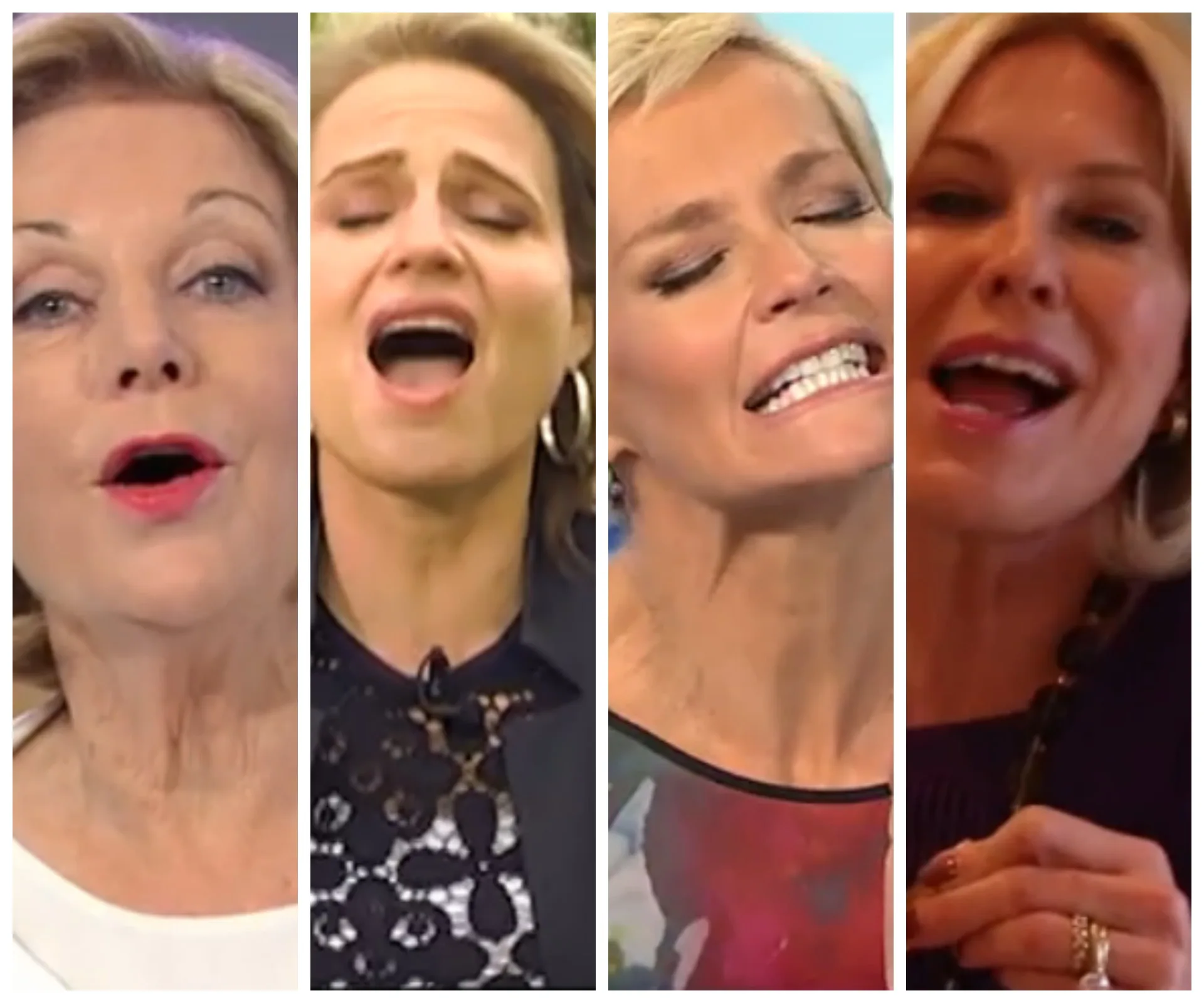 Four women singing with expressive facial expressions; collage format.