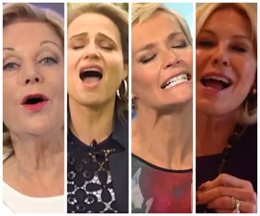 Four women singing with expressive facial expressions; collage format.