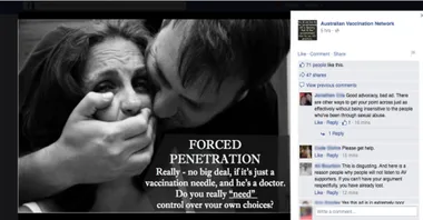 Man covering woman's mouth with text comparing vaccination to forced penetration.
