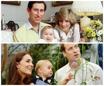 A family portrait comparison with parents and a baby in each image, highlighting similarities across generations.
