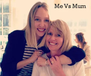 Mother and daughter smiling and embracing, with "Me Vs Mum" text above them.