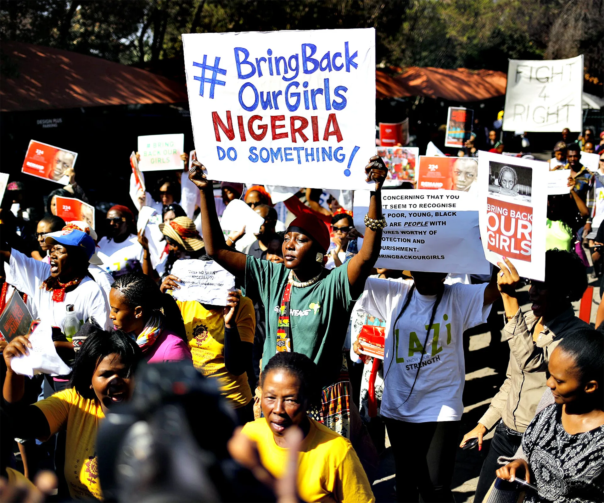 Protesters holding signs for the "Bring Back Our Girls" campaign during a demonstration in Nigeria.