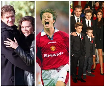 David Beckham in three images: with partner, celebrating in Manchester United kit, and with family on the red carpet.
