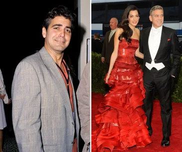 A man in a blazer on the left and a couple dressed elegantly on the right, with the woman in a red gown.
