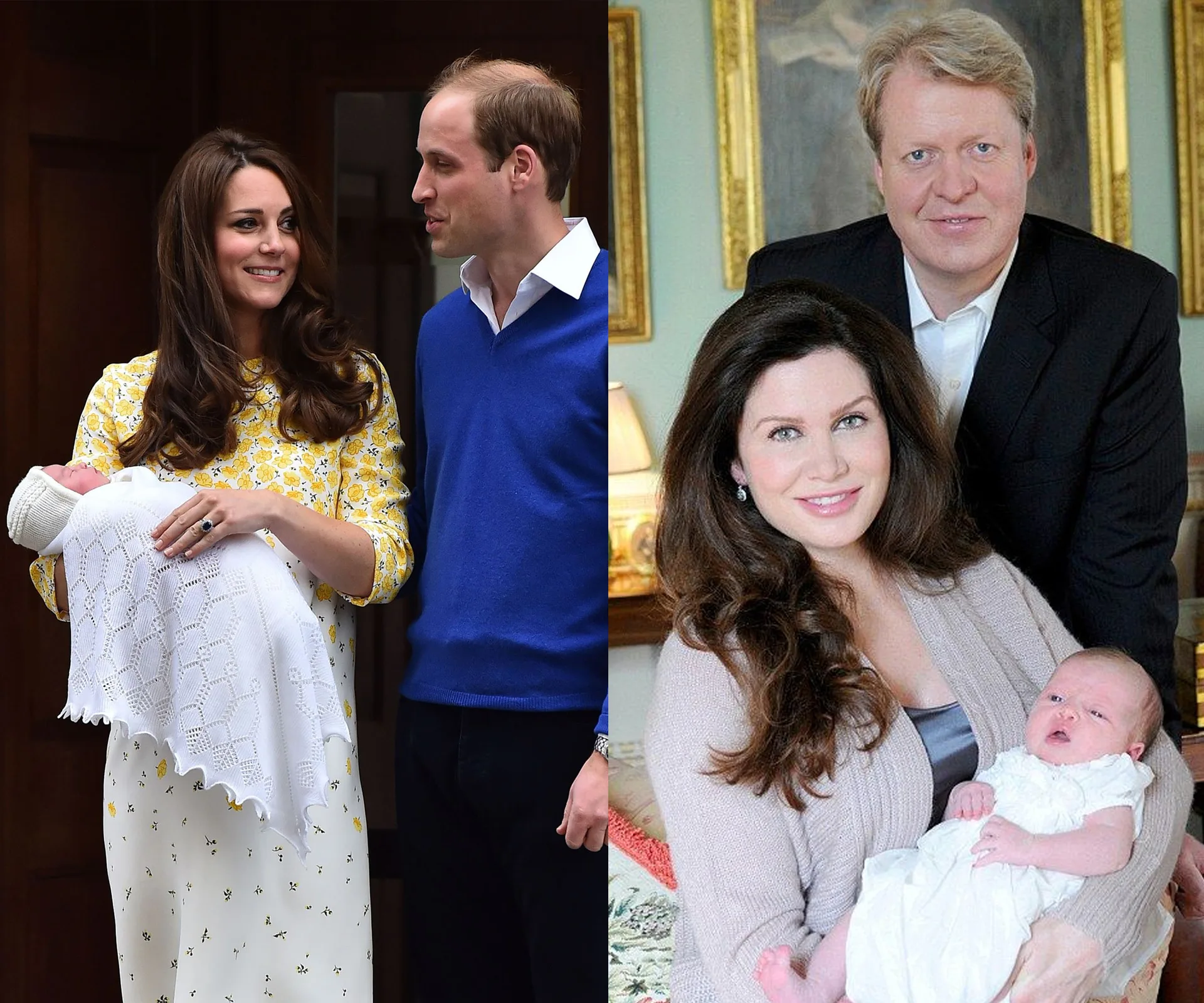 "Two couples, each holding a baby, smiling and posing for photos indoors and outdoors."