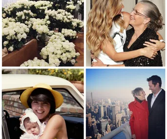 A collage with white roses, a warm hug between two women, a woman with a baby near a car, and a mother-son duo overlooking a city.