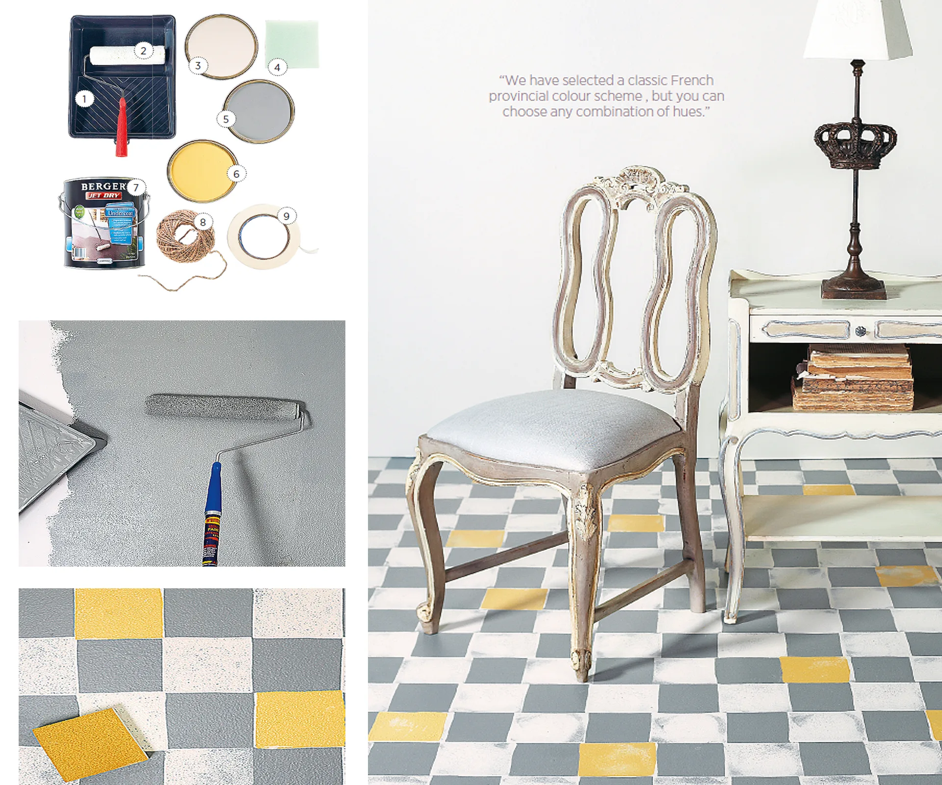 "Paint materials, checkerboard floor pattern, chic chair, and table lamp in French provincial style."
