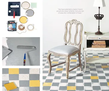 "Paint materials, checkerboard floor pattern, chic chair, and table lamp in French provincial style."