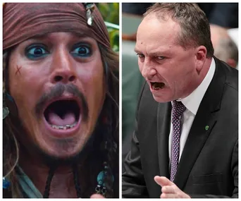 Pirate character yelling alongside a politician making an impassioned speech.