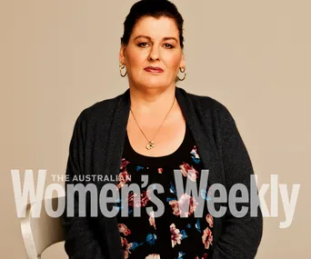 Portrait of a woman sitting, wearing floral top and dark cardigan, on Australian Women's Weekly cover.