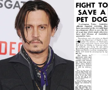 Man with dark hair and jacket next to a vintage newspaper about saving a dog from Australia's quarantine laws.