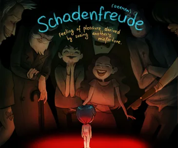 A child stands on a stage with mocking adults around, illustrating "Schadenfreude," meaning joy in others' misfortune.