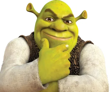 Shrek, the green ogre character, with a thoughtful pose and a smirk, wearing his iconic vest from the "Shrek" movies.