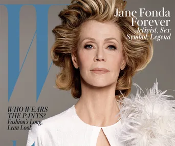 Portrait of a woman with styled hair and a white outfit on a magazine cover, featuring the text "Jane Fonda Forever."