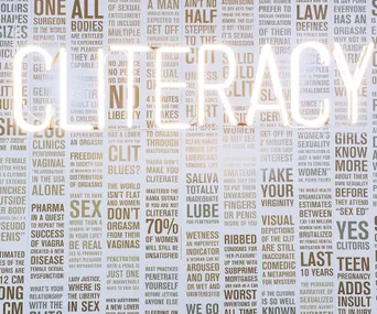 Neon "CLITERACY" sign overlaid on a wall with text about women's sexual health and rights.