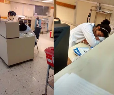 Doctors in white coats sleeping on desks in a hospital setting, surrounded by medical equipment.
