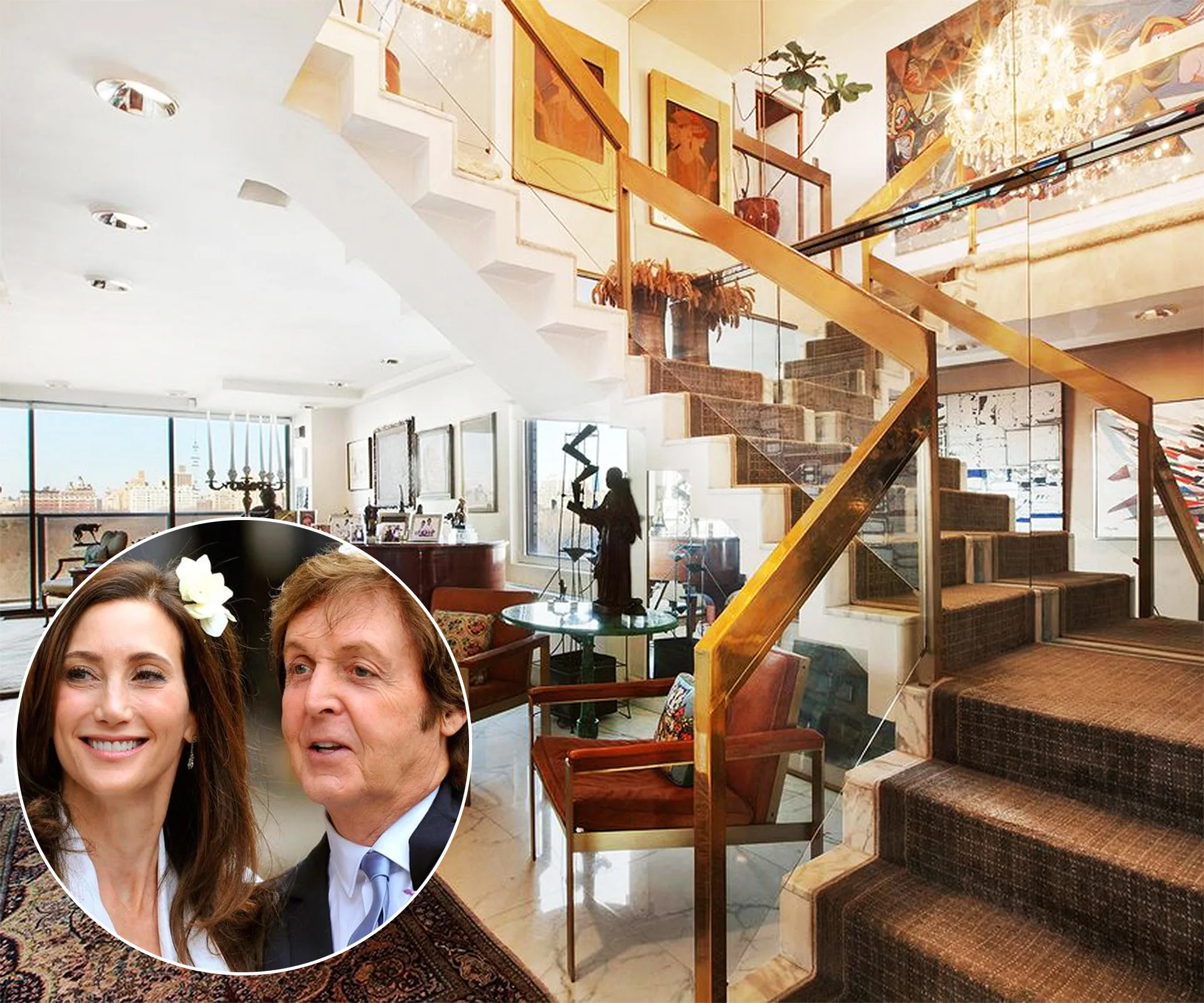 Penthouse interior with modern design, featuring a grand staircase and eclectic decor; inset shows a couple smiling.