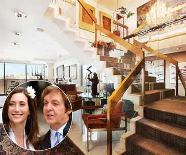 Penthouse interior with modern design, featuring a grand staircase and eclectic decor; inset shows a couple smiling.