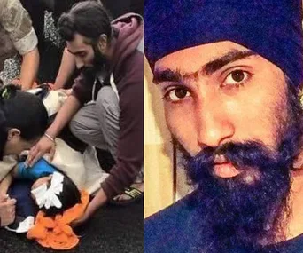 Sikh man helps injured child using his turban, showing compassion; close-up on right highlights his expression.