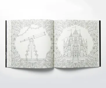 Open coloring book page featuring a telescope and a castle with intricate floral border designs.