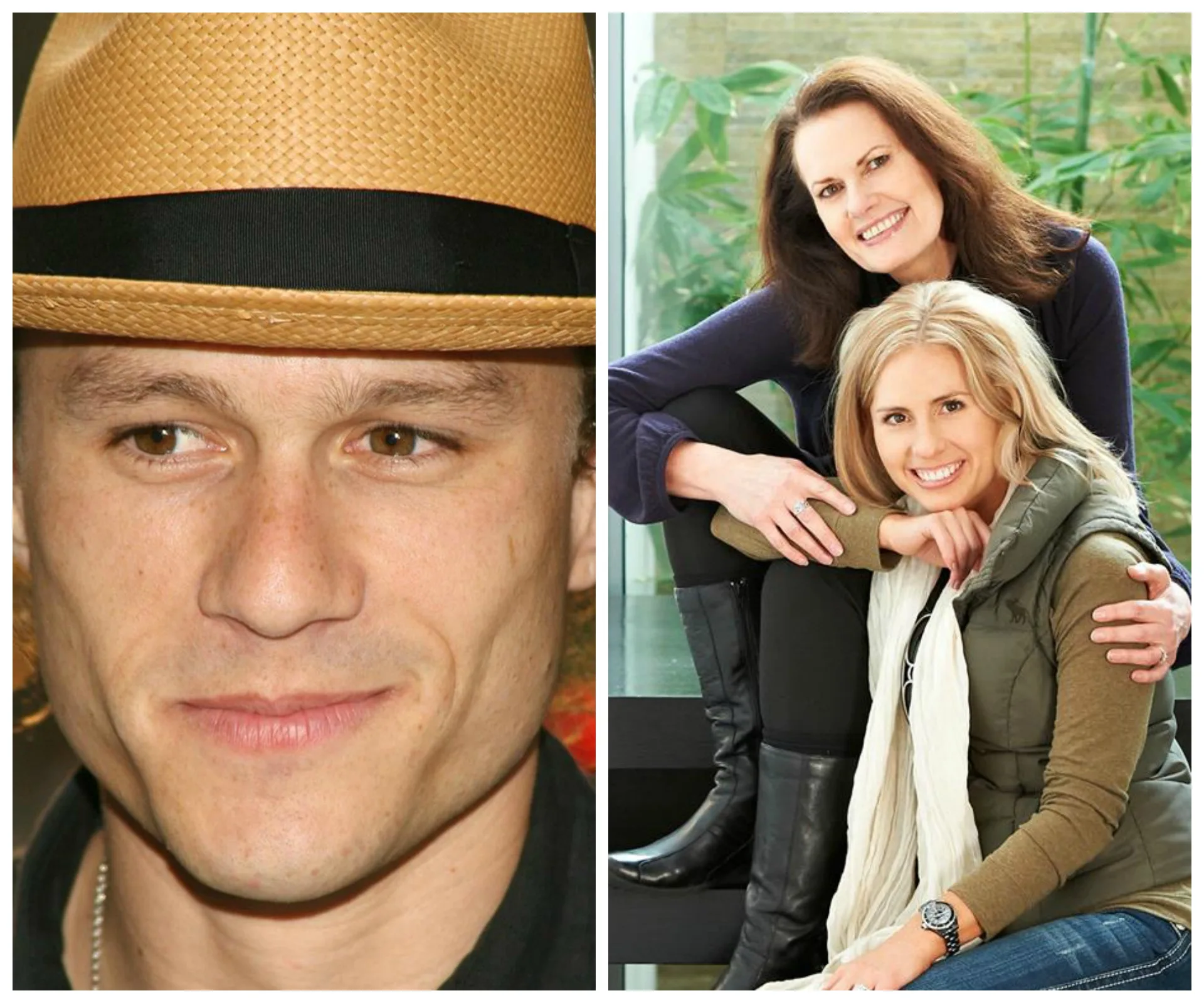 A man wearing a straw fedora on the left; two smiling women embracing on the right against a green background.