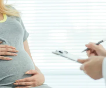 Pregnant woman in a consultation with a healthcare provider holding a clipboard.