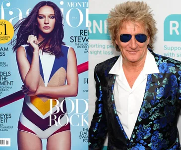 Model posing on Fashion magazine cover; man in floral suit with sunglasses at an event.