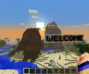 A Minecraft landscape at sunrise, featuring a mountain house and the word "WELCOME" built in blocks.