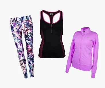 Colorful floral leggings, a black and pink athletic tank, and a purple zip-up jacket for winter workouts.