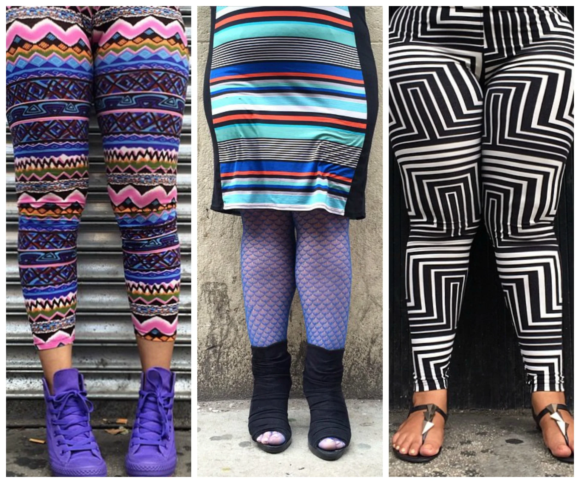 Colorful and patterned leggings worn by three women, showcasing diversity in body types and fashion styles.