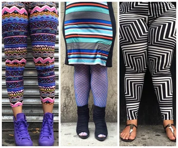 Colorful and patterned leggings worn by three women, showcasing diversity in body types and fashion styles.