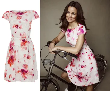 Woman in pink floral dress on a bike beside a close-up of the dress on a mannequin.